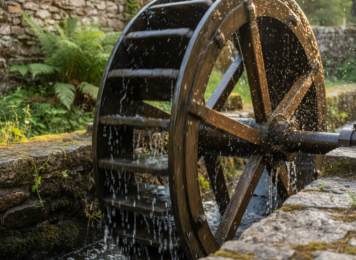 A close-up, photographic realism shot of a traditional wooden mill wheel in motion, its dark, weathered oak paddles glistening with clear water as they turn slowly in a stone-lined channel. Droplets arc through the air, catching late afternoon sunlight and creating tiny, sparkling highlights against a softly blurred background of moss-covered stone and ferns. The composition is tight and intimate, with shallow depth of field isolating the wheel’s craftsmanship and the rhythm of the water. The mood is meditative and timeless, suggesting the enduring mechanical heart of the French mill retreat, blending heritage with tranquil natural sound.