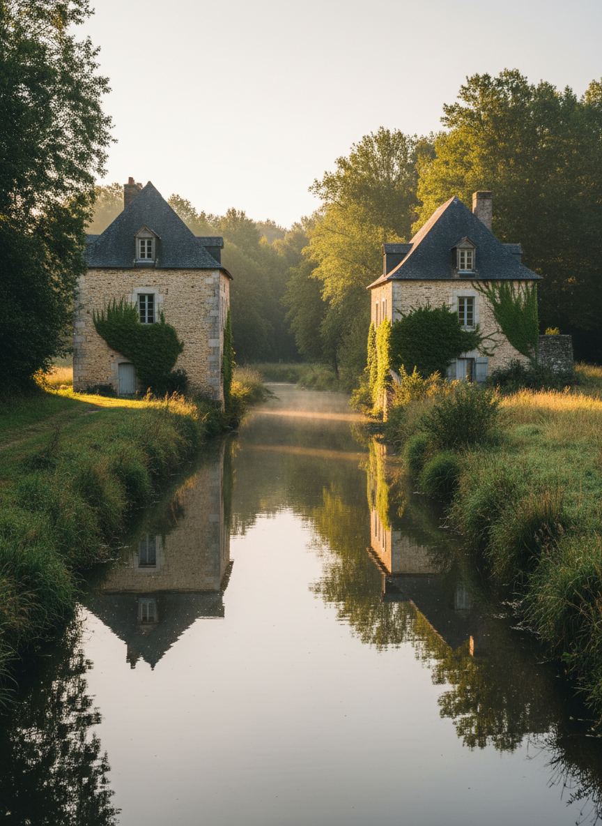A pair of restored stone watermills facing each other across a narrow, glassy river in rural France, their pale limestone walls and dark slate roofs reflected perfectly in the still water. Lush green trees and wild grasses frame the banks, with climbing ivy tracing the mill facades. Captured at golden hour in soft, warm photographic realism, sunlight grazes the stone, casting long, elegant shadows and creating a gentle mist above the water. Shot from an eye-level angle with a wide lens, the composition uses the river as a leading line between the two mills, evoking a serene, exclusive retreat immersed in nature.