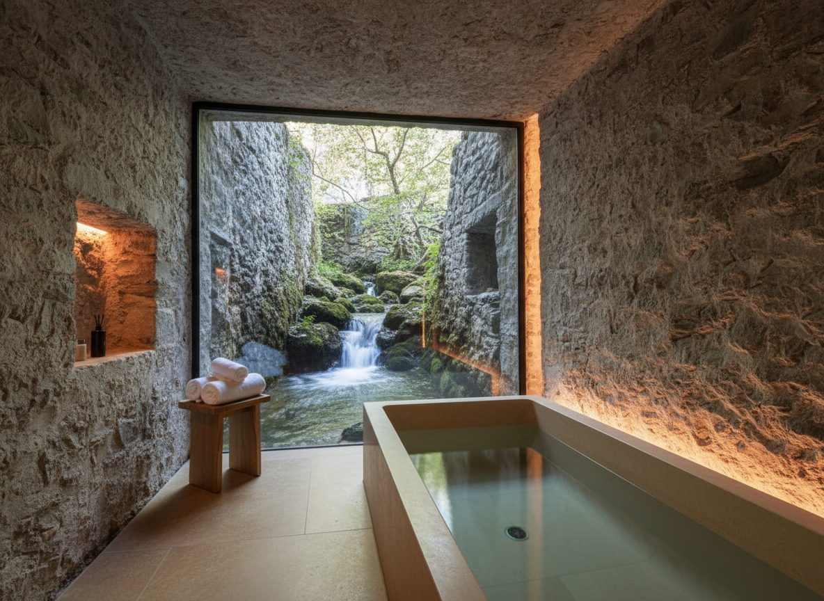 A refined stone-walled spa nook carved into the lower level of a French mill, where the millstream passes behind a floor-to-ceiling glass panel. A minimalist rectangular soaking tub in pale limestone sits on a smooth, warm-toned stone floor, with rolled white towels and a simple wooden stool nearby. Through the glass, water flows steadily past mossy rocks, filtered by dappled daylight from a concealed opening above. The space is lit by hidden warm LED strips, creating a cocooning, tranquil glow. Photographic realism, shot from a low angle to emphasize intimacy and seclusion, evoking a discreet, nature-immersed luxury wellness retreat.