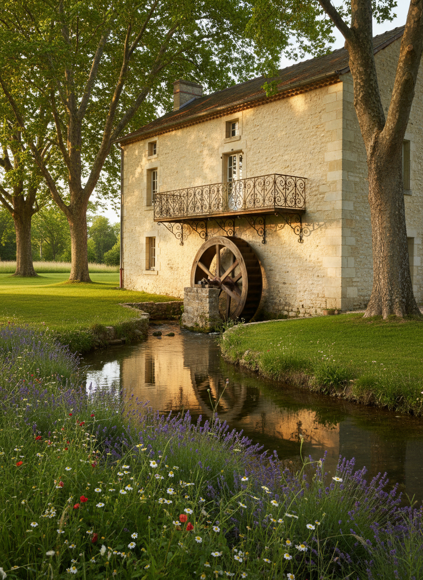The exterior of a single historic French mill, meticulously restored, with cream-colored stone, original wooden mill wheel partially submerged in a clear stream, and elegant wrought-iron balcony overlooking the water. Surrounding the mill is a manicured lawn blending into wild meadow, dotted with lavender and pale wildflowers. Soft late afternoon sunlight filters through tall plane trees, giving a warm, honeyed glow and delicate dappled shadows on the facade. Photographic realism, shot at a three-quarter angle, medium-wide, highlighting architectural details and the intimate relationship between building and water, conveying sophistication, privacy, and timeless rural luxury.