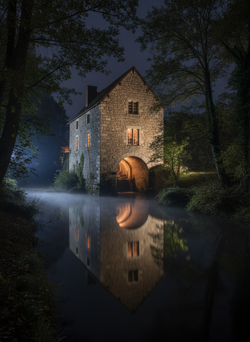 An atmospheric nighttime scene of one of the French mills, its stone facade subtly illuminated by concealed ground lights that graze upward, revealing the texture of the masonry and the gentle curve of an arched doorway. The windows emit a warm, diffuse glow, reflected in the dark, slow-moving millstream below. Surrounding trees are mostly in shadow, their silhouettes framing the building and emphasizing its isolation. A faint mist hovers over the water, catching a hint of light. Photographic realism, shot from across the river at a slightly low angle, with a long exposure feel that captures serene, luxurious seclusion and quiet mystery.