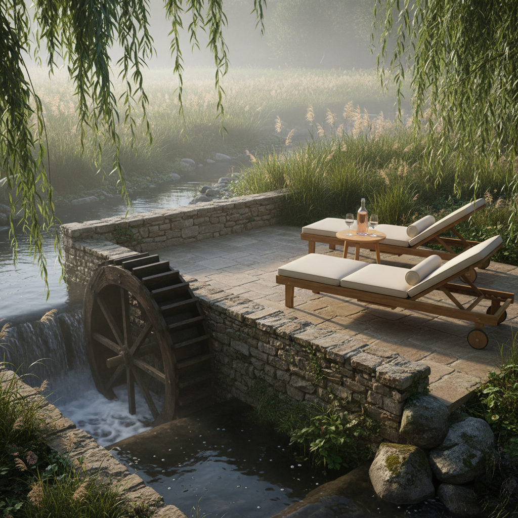 A secluded riverside terrace belonging to a French mill retreat, with smooth, weathered stone paving and a low wall directly above the slowly turning mill race. Two empty teak loungers with thick, off-white cushions face the water, accompanied by a minimal side table holding a carafe of chilled rosé and two crystal glasses. Surrounding foliage—tall reeds, willow branches, and moss-softened stones—creates a natural enclosure. Captured in soft early morning photographic light with gentle mist over the surface of the water, the scene feels intimate, hushed, and exclusive. Composed using the rule of thirds from a slightly elevated angle, emphasizing privacy and immersion in nature.