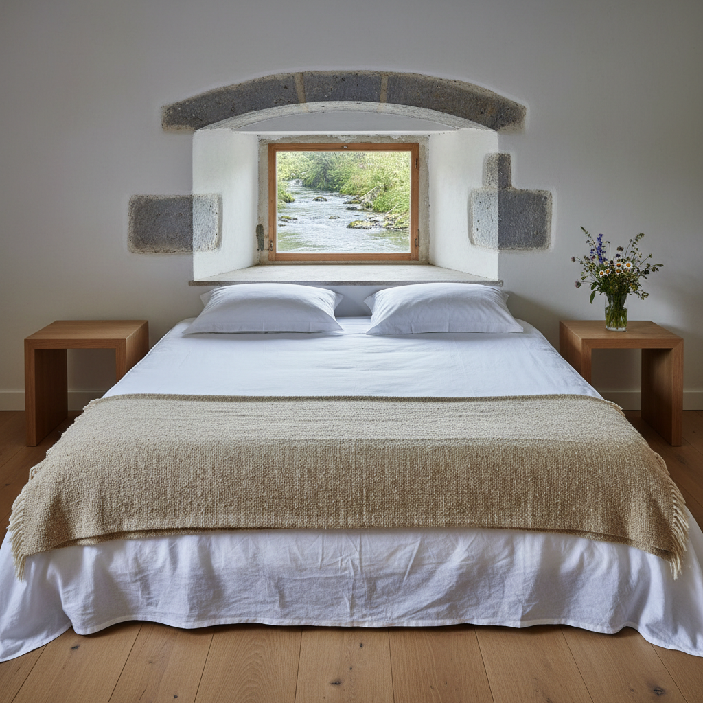 An elegantly appointed bedroom within a historic French mill, with a king-size bed dressed in crisp white linen and a heavy flax-colored throw, positioned so that a low, arched window frames the view of the millstream just outside. The stone window reveal is deep and cool-toned, with subtle traces of age. A reclaimed oak floor, minimalist bedside tables, and a single vase of wild meadow flowers complete the decor. Soft, indirect morning light pours through the window, creating gentle reflections on the water and delicate shadows on the stone. Photographic realism with a calm, airy mood, shot at eye-level, evoking refined seclusion and quietude.