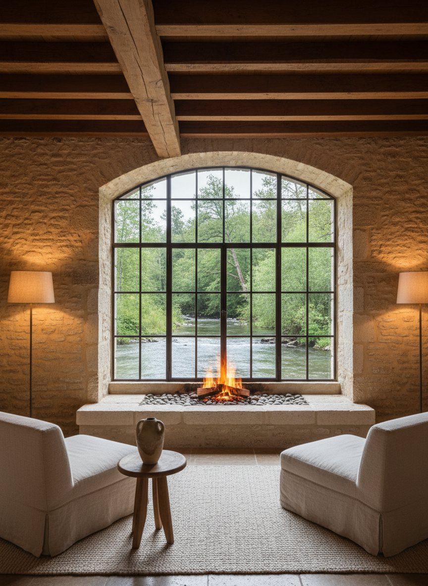 A refined interior lounge of a French mill retreat, featuring exposed limestone walls, thick original timber beams, and a large arched window opening onto a view of flowing water and dense greenery. A low, stone hearth fireplace is lit with a gentle fire, framed by minimalist, cream-toned furnishings, natural linen textiles, and a single sculptural ceramic vase. Soft, diffused daylight combines with warm accent lamps to create layered, cozy illumination. Photographic realism from an eye-level, wide-angle perspective, with a shallow depth of field emphasizing tactile textures. The atmosphere is elegant, calming, and discreet, blending rustic authenticity with contemporary luxury.