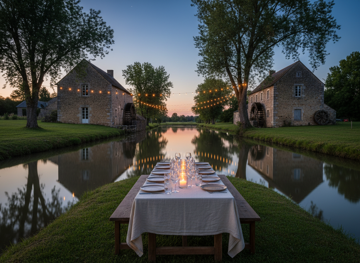 A meticulously set outdoor dining table on a grassy bank between the two French mills, overlooking a calm, mirror-like stretch of water at dusk. The table is draped in heavy ivory linen, with simple stoneware plates, clear stemware, and a single line of low, unscented candles in glass holders. Surrounding trees and the mill facades are reflected in the water, while the sky shifts to deep blue. Soft twilight is enhanced by small, warm-toned festoon lights strung discreetly between trunks. Photographic realism, wide-angle, with a shallow depth of field focusing on the table setting, conveying hushed, sophisticated celebration in nature.