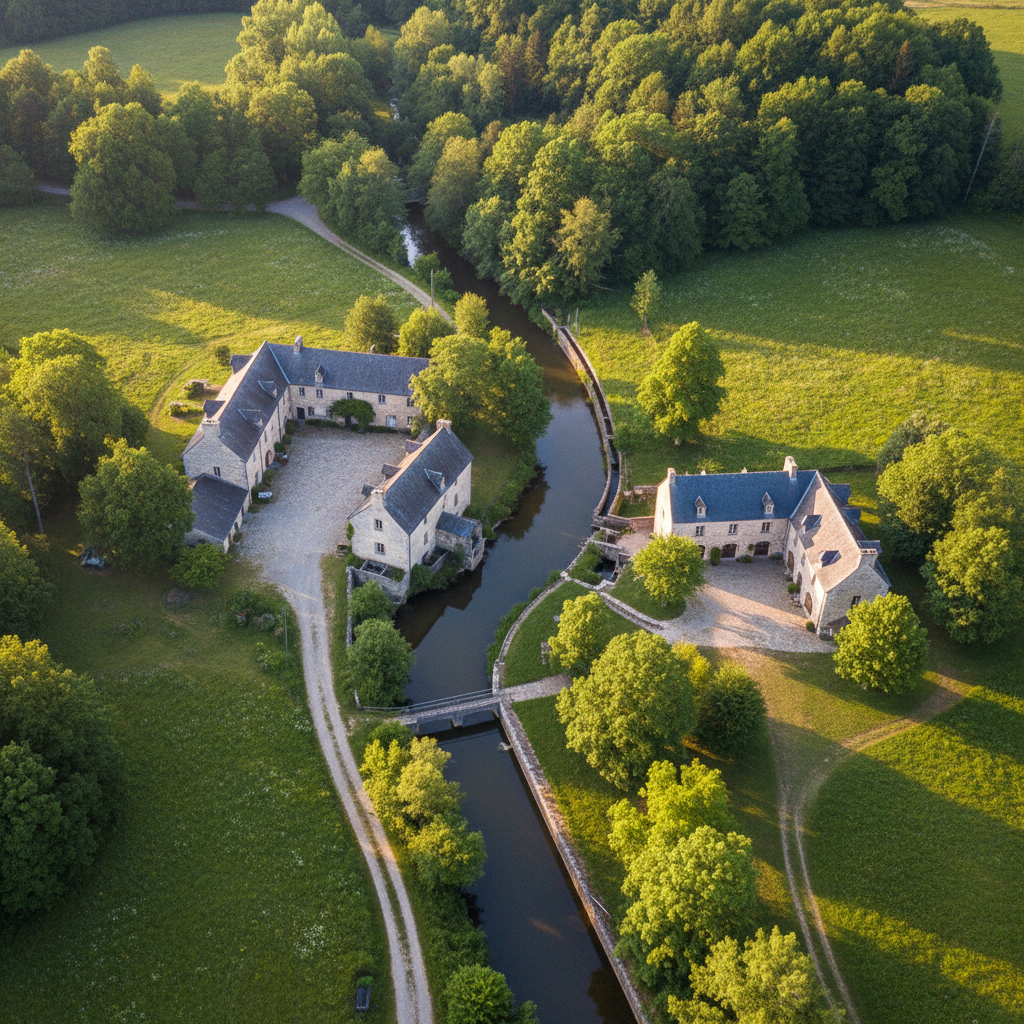 A high, overhead view of the two French mills and their surrounding private grounds, showing the sinuous river splitting and rejoining around the properties. The mills’ pale stone buildings, slate roofs, and small courtyards nestle among dense forest, open meadow, and a discreet gravel drive that disappears into trees. Late afternoon sunlight casts long, elegant shadows, accentuating the geometry of the canals and old mill races. Photographic realism with crisp detail throughout, evoking the sense of an exclusive estate hidden in the French countryside. The composition emphasizes privacy, nature immersion, and the harmonious integration of historic architecture with the landscape.